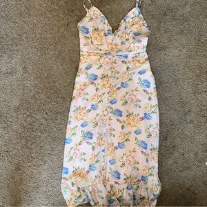 Forever 21 Pink Floral‎ Maxi Dress Front Slit Spaghetti Strap Button Detail Med